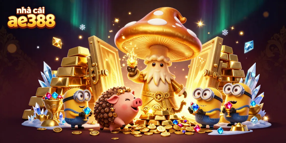 Experience the magic of nhà cái ae388 with golden treasures and whimsical characters in a colorful casino realm.